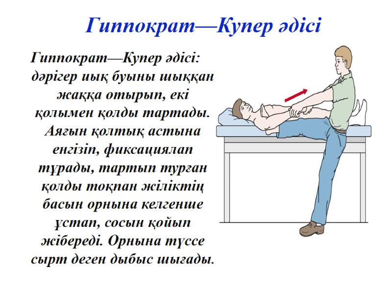 Гиппократ—Купер әдісі Гиппократ—Купер әдісі: дәрігер иық буыны шыққан жаққа отырып, екі қолымен қолды тартады.